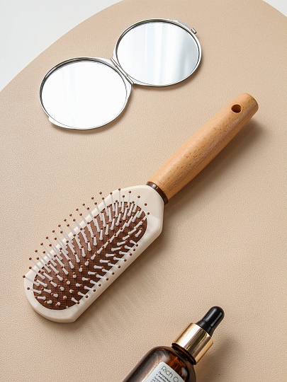 Расческа массажная, 24х6 см, пластик, деревянная ручка, прямоугольная, A100071