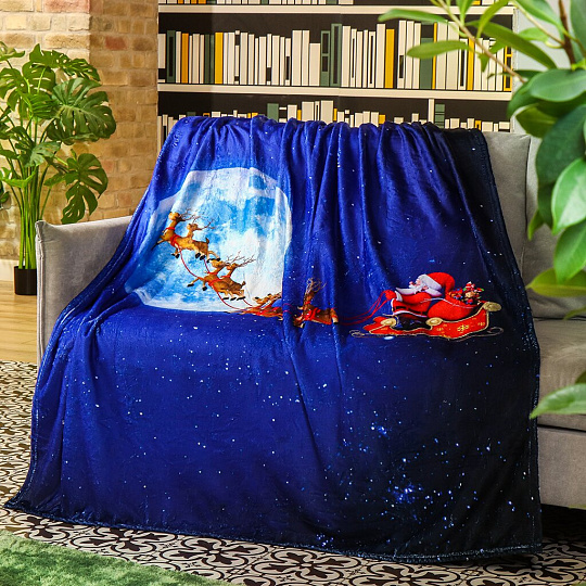 Плед 1.5-спальный, 140х180 см, микрофибра, 100% полиэстер, Silvano, Дед Мороз с оленями, AI-1504012