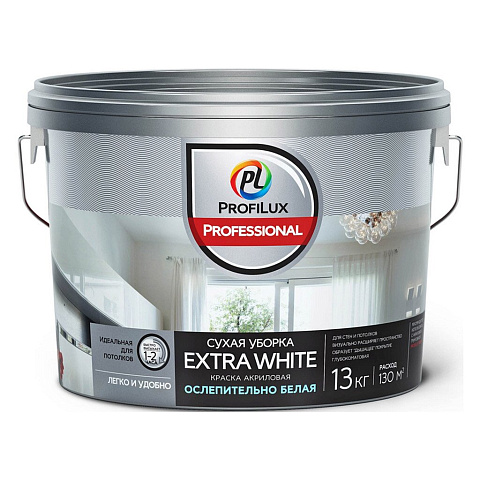Краска воднодисперсионная, Profilux, Professional Extra White, акриловая, универсальная, матовая, 13 л