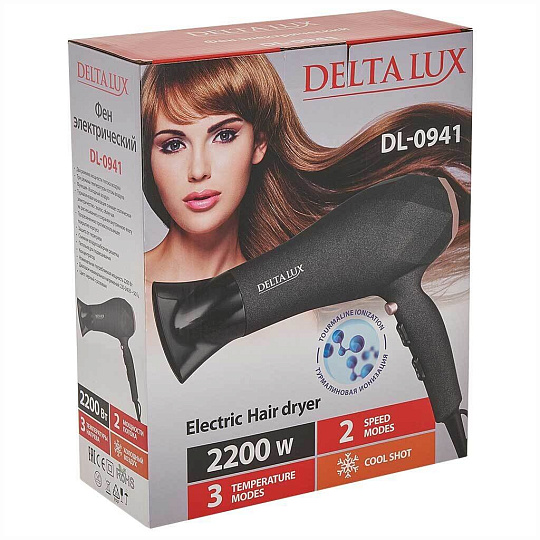 Фен Delta Lux, DL-0941, 2200 Вт, холодный обдув, 2 режима, 2 скорости, черный с розовым