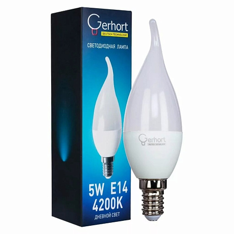 Лампа светодиодная E14, 5 Вт, свеча на ветру, 4200 К, свет дневной, Gerhort
