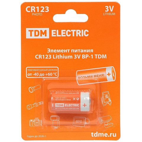 Батарейка TDM Electric, CR123, Lithium, литиевая, 3 В, SQ1702-0036