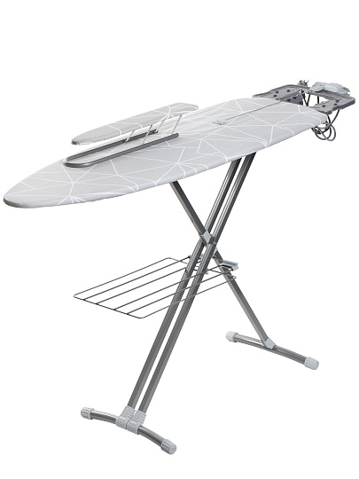 Доска гладильная 122х40 см, подставка для утюга, гладильный рукав, встроенная розетка, полка для белья, удлинитель 1.9 м, Nika, линии на сером