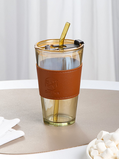 Стакан 400 мл, стекло, Amber, с трубочкой, B060522