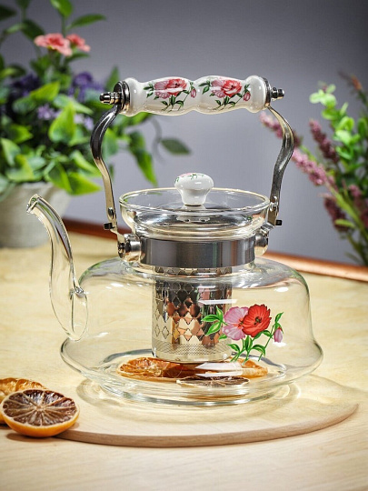 Чайник заварочный стекло, 1.4 л, с ситечком, Маки, Y4-6451