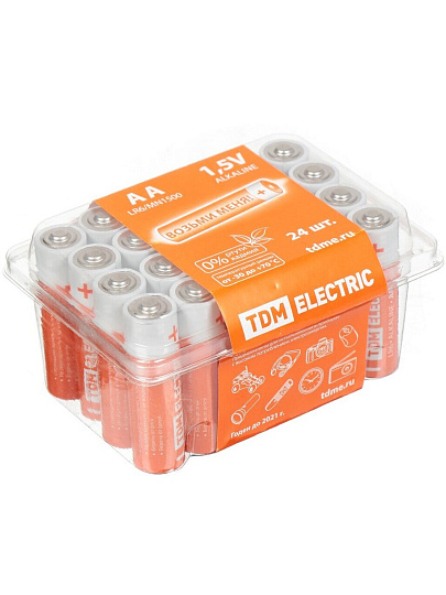 Батарейка TDM Electric, АА (LR6, 15A), Alkaline, щелочная, 1.5 В, коробка, 24 шт, SQ1702-0035