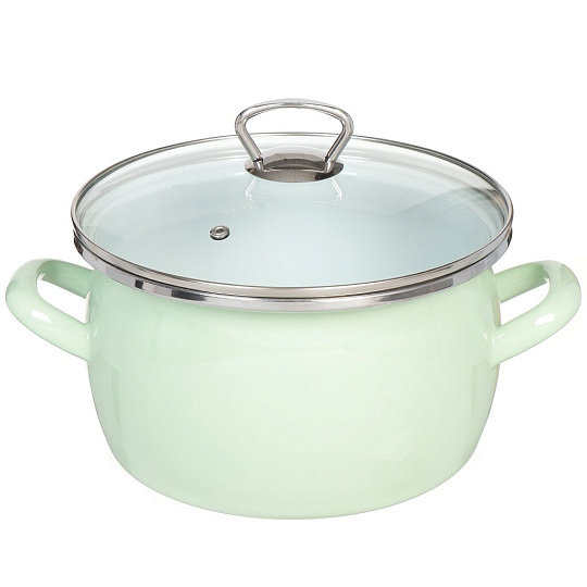 Кастрюля эмалированная сталь, 4 л, крышка стекло, сферический, Сантэкс, Слм, 1-2440111, салатовый ментол, индукция