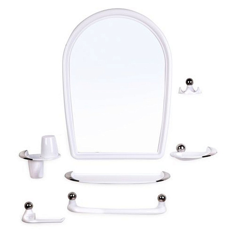 Набор для ванной зеркало, 9 предметов с накладками, 43х58 см, полукруглый, снежно-белый, с полочкой, Berossi, Вива элегант, HB10301