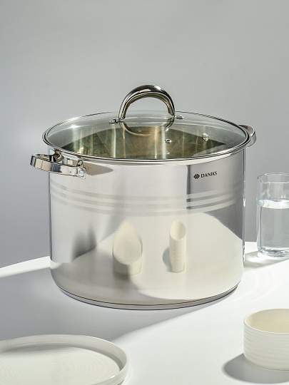 Кастрюля нержавеющая сталь, 16 л, крышка стекло, Daniks, Общепит, SD-6BP-16, индукция