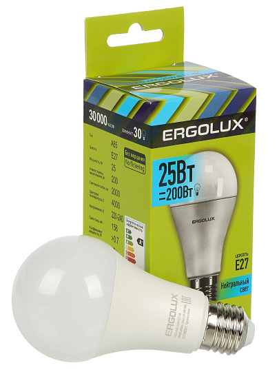 Лампа светодиодная E27, 25 Вт, 200 Вт, груша, 4000 К, нейтральный белый свет, Ergolux, 14236