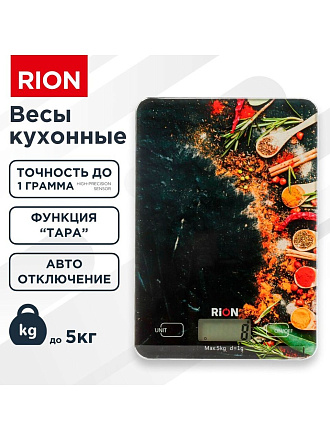 Весы кухонные электронные, стекло, Rion, Специи, точность 1 г, до 5 кг, LCD-дисплей, PT-893