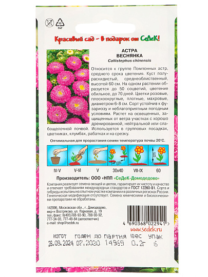 Семена Цветы, Астра, Веснянка, цветная упаковка, Седек