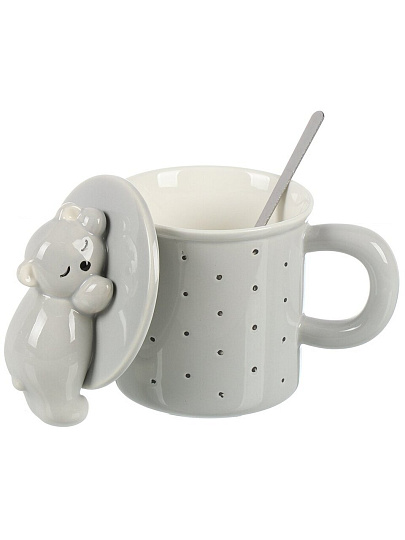 Кружка керамика, 400 мл, Спящий мишка, с крышкой, с ложкой, с крышкой и ложкой, Y4-8976, в ассортименте