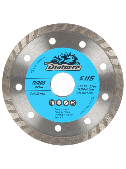 Диск отрезной алмазный по армированному бетону, Diaforce, Turbo Basic, сплошной край, 115х22.23х1.9 мм, сухой рез, 511115