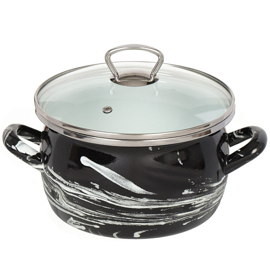 Кастрюля эмалированная сталь, 3 л, крышка стекло, сферический, Сантэкс, Шейк черно-белая, 1-2430111, индукция