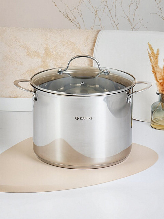 Кастрюля нержавеющая сталь, 8 л, крышка стекло, Daniks, Профессионал, GS-01338-24HCA, индукция