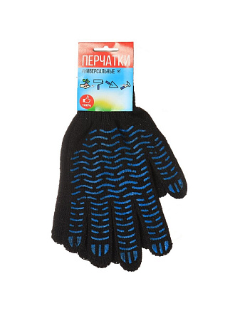 Перчатки х/б, ПВХ покрытие, волна, 7.5 класс вязки, 5 нитей, черная основа, Люкс, европодвес