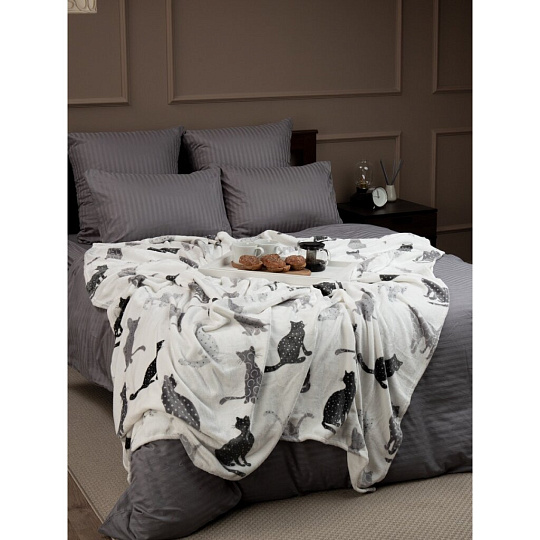 Плед 2-спальный, 200х220 см, фланель, 100% полиэстер, Texrepublic, Коты, белый, 44047