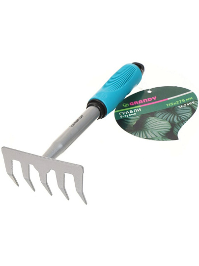 Грабли прямые, 5 зуб, сталь, 11.5 см, Grandy, Connect, черенок пластиковый
