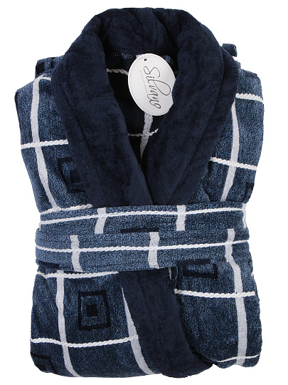 Халат мужской, махровый, 100% хлопок, синяя клетка, XL, 52-54, Silvano