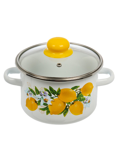 Кастрюля эмалированная сталь, 2 л, крышка стекло, цилиндрическая, Сибирские товары, Лимоны, 1MD161S, белая, индукция