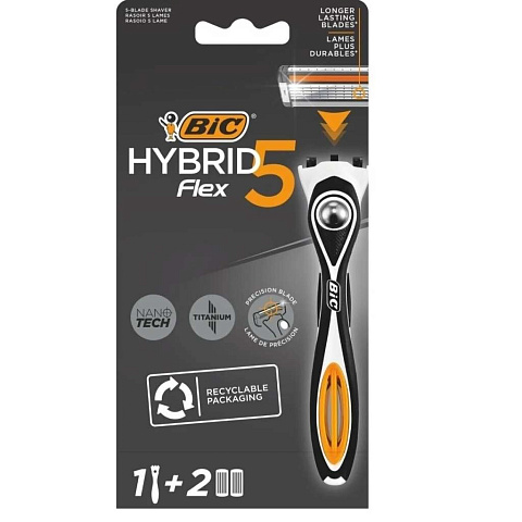 Станок для бритья Bic, Hybrid 5 Flex, для мужчин, 5 лезвий, 2 сменные кассеты, 921385