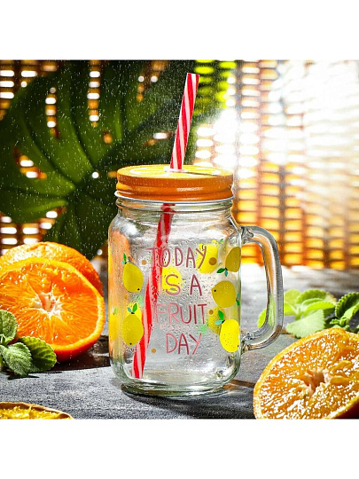 Банка для напитков стекло, 450 мл, с крышкой, с трубочкой, Y4-2809, в ассортименте