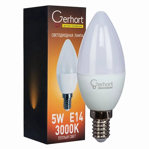 Лампа светодиодная E14, 5 Вт, свеча, 3000 К, свет теплый белый, Gerhort