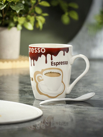 Кружка керамика, 330 мл, Кофе и шоколад, с ложкой, Y4-2694, в ассортименте