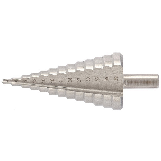 Сверло ступенчатое, 4-6-9-12-15-18-21-24-27-30-33-36-39мм, Р6М5, трехгр. хвостовик, Барс, 72363