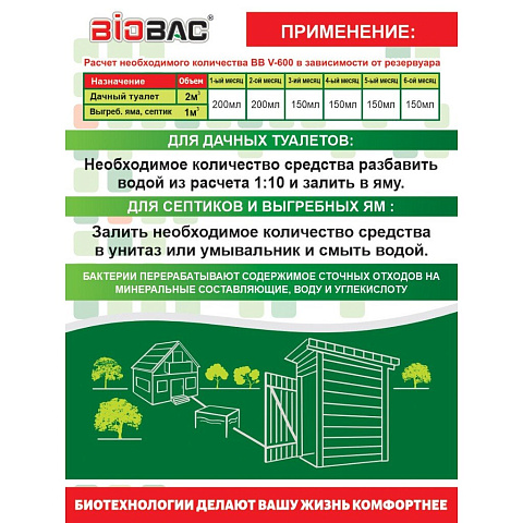Биосостав для дачных туалетов и септиков, Биобак, 1 л, BB-V600