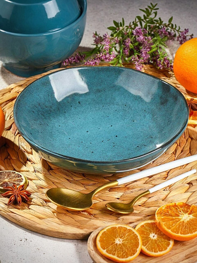 Тарелка суповая, керамика, 22 см, круглая, Stone Turquoise, Domenik, DMD053, синяя