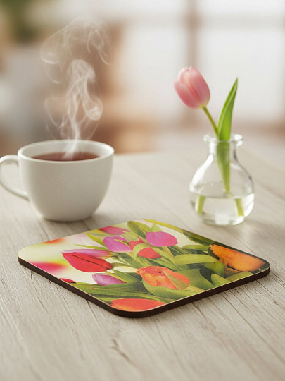 Подставка под горячее дерево, квадратная, 14.5х14.5х0.8 см, Тюльпаны, В-46