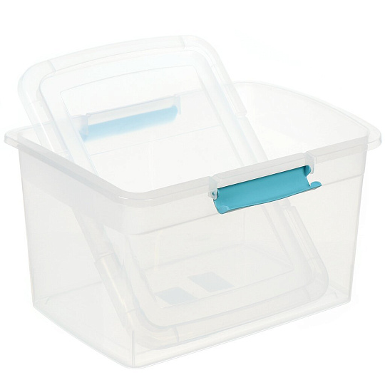 Ящик хозяйственный 14 л, 24.7х37х22.2 см, с крышкой, с защелками, прозрачный, небесный, BranQ, Laconic mini, BQ2515НБСПР