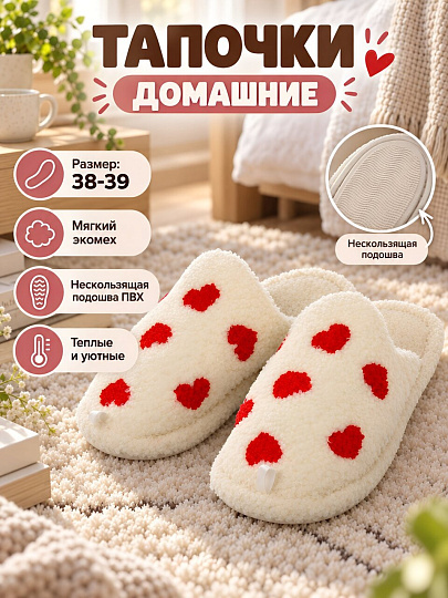Тапки для женщин, искусственный мех, бежевые, р. 38-39, закрытые, с сердцем, A210427