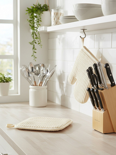 Набор кухонный 2 шт, 29х22 см +19х19 см (варежка,прихватка), полиэстер, бежевый, B180059