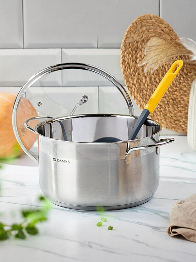 Кастрюля нержавеющая сталь, 6.1 л, крышка стекло, Daniks, Нолан, GS-01363-24CA, индукция