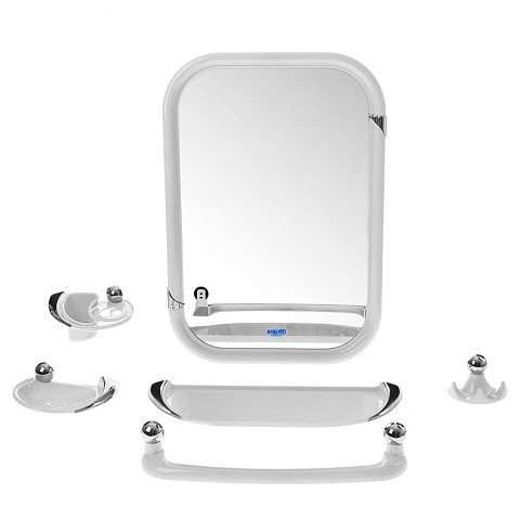 Набор для ванной зеркало, 8 предметов с металлическими накладками, 37.9х55.1 см, прямоугольный, снежно-белый, с полочкой, Berossi, Вива стиль, HB 10401000
