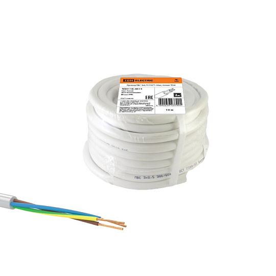 Кабель ПВС, 3х0.75 мм², 10 м, медь, гибкий, ГОСТ, белый, TDM Electric, SQ0118-0013