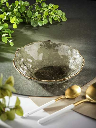 Салатник стекло, круглый, 14х3.5 см, Графит с золотом, A050013