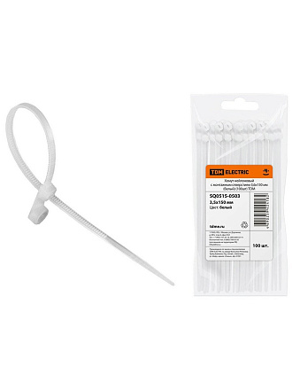 Хомут стяжной кабельный, 3.6х150 мм, нейлон, 100 шт, с монтажным отверстием, белый, TDM Electric, SQ0515-0503