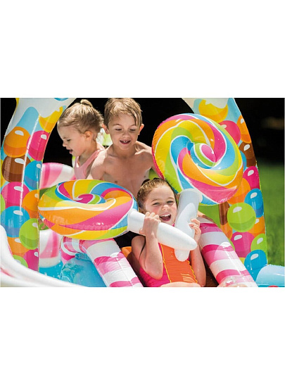 Игровой центр-бассейн Intex, 295х130х191 см, Сладости, 57149NP, 206 л, горка, распылитель, 6 мячиков, 2 конфеты, от 3 лет