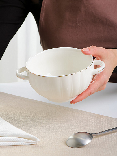 Бульонница фарфор, 650 мл, с ручкой, Золотая линия, ТМ Глория, 202353