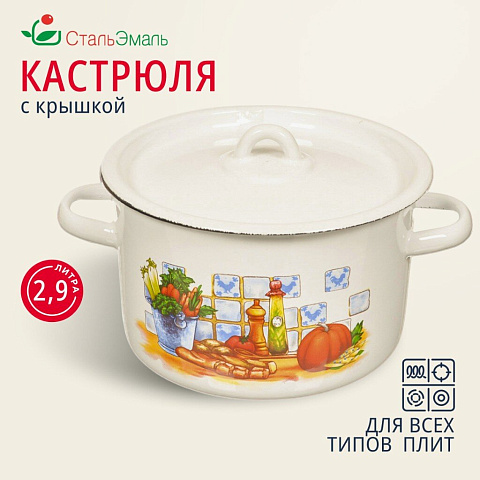 Кастрюля эмалированная сталь, 2.9 л, с крышкой, крышка сталь, цилиндрическая, СтальЭмаль, 1с16с/1, в ассортименте, индукция