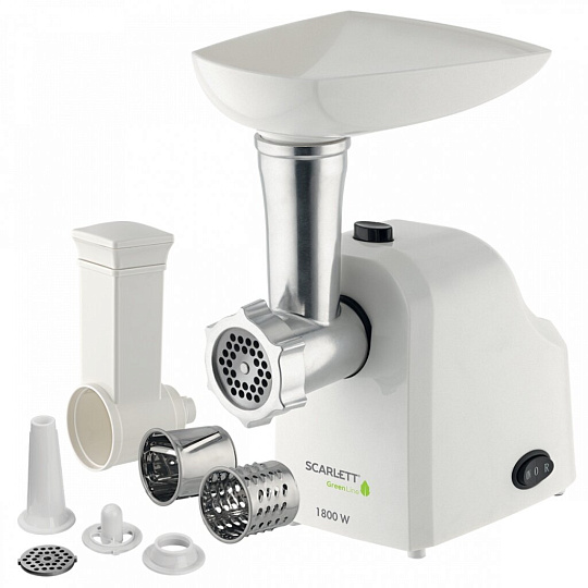 Мясорубка электрическая Scarlett, SC-MG45M07, 1800 Вт, реверс, 2 кг/мин, пластик, 4 насадки, для кеббе, сосисок, терки, шинковки