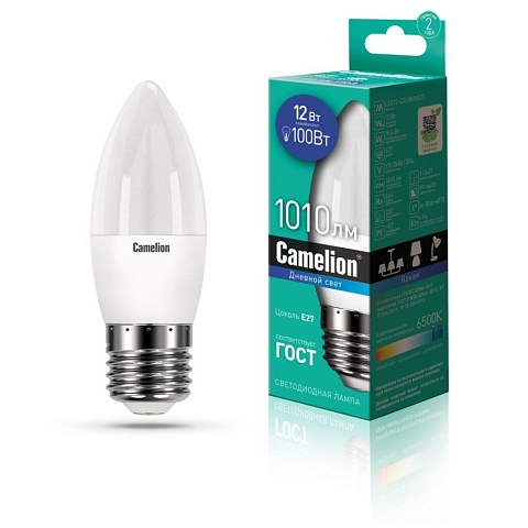 Лампа светодиодная E27, 12 Вт, 100 Вт, свеча, 6500 К, свет дневной, Camelion, LED12-C35/865/E27