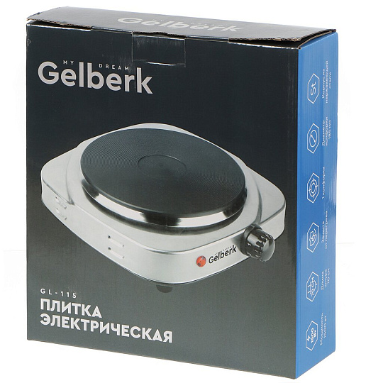 Плита электрическая Gelberk, GL-115, 1500 Вт, 1 конфорка, диск, нержавеющая сталь, механическая, переключатель поворотный