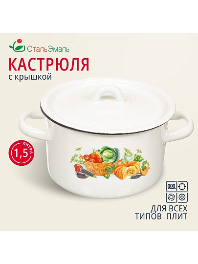 Кастрюля эмалированная сталь, 1.5 л, крышка сталь, цилиндрическая, СтальЭмаль, 1с15с/1, в ассортименте, индукция