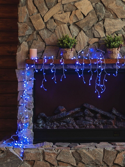 Бахрома светодиодная 200 ламп, 3х0.7 м, 8 режимов, Бахрома, Uniel, свет синий, прозрачная, с контроллером, в помещении, сетевая, IP20, ULD-B3010-200/DTA BLUE IP20