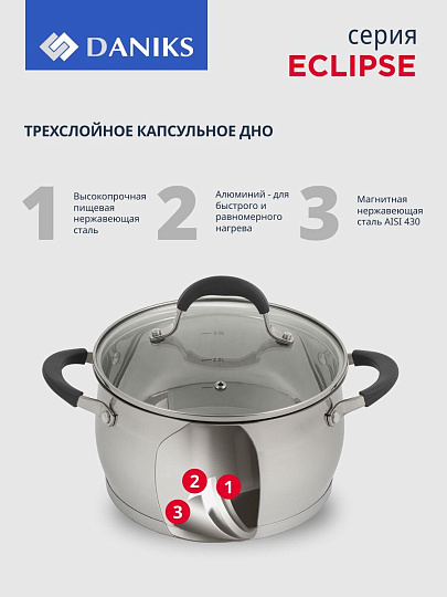 Набор посуды нержавеющая сталь, 6 предметов, кастрюли 1.9,3.7,5.5 л, сталь 304, индукция, Daniks, Eclipse, CW-S072-SE